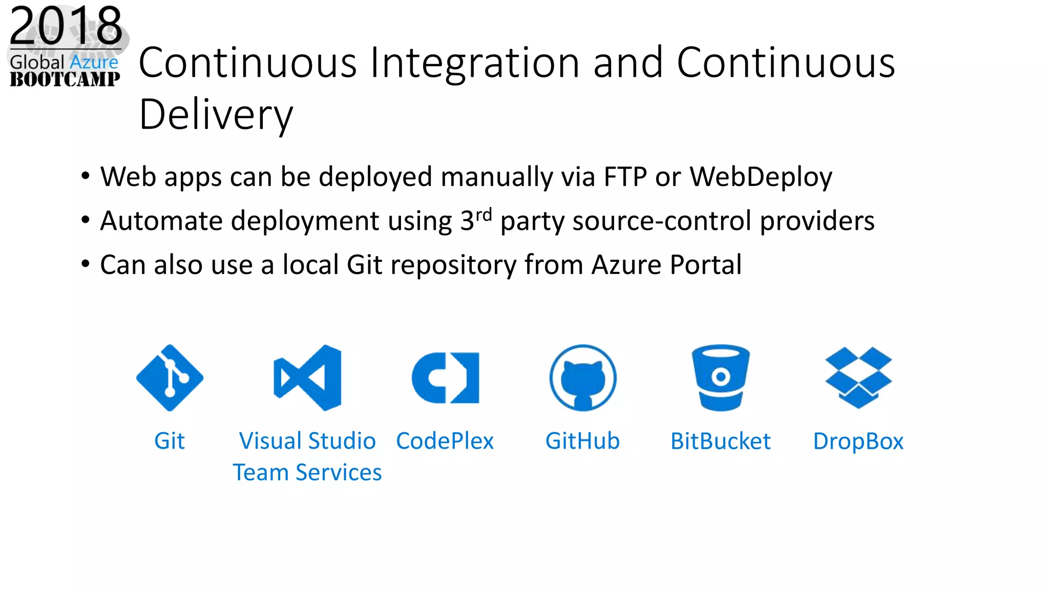 Continuous Integration and Continuous
Delivery
• Web apps can be deployed manually via FTP or WebDeploy
• Automate deployment using 3rd party source-control providers
• Can also use a local Git repository from Azure Portal
DropBoxBitBucketGitHubCodePlexVisual Studio
Team Services
Git
 