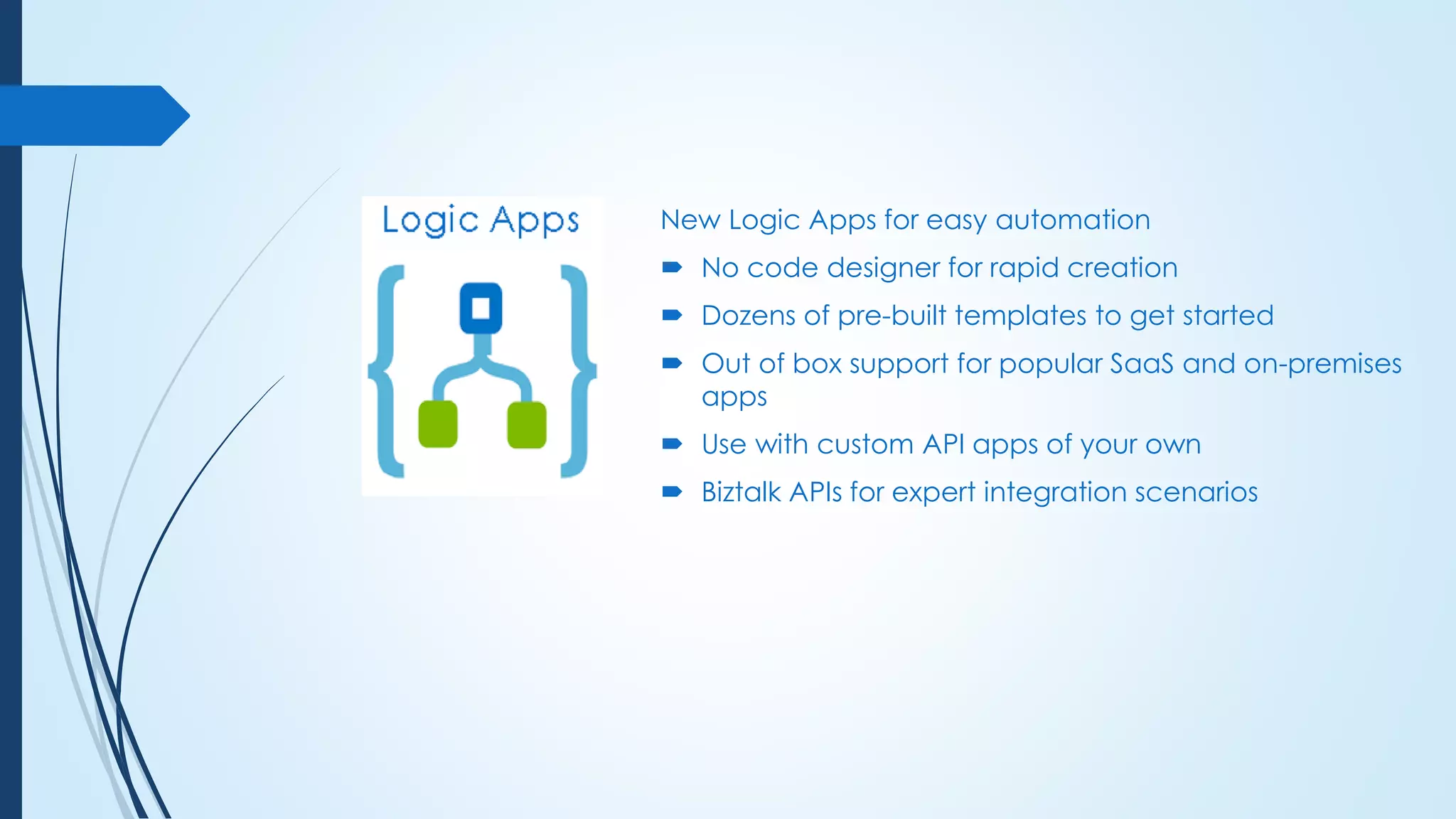 New Logic Apps for easy automation
 No code designer for rapid creation
 Dozens of pre-built templates to get started
 Out of box support for popular SaaS and on-premises
apps
 Use with custom API apps of your own
 Biztalk APIs for expert integration scenarios
 