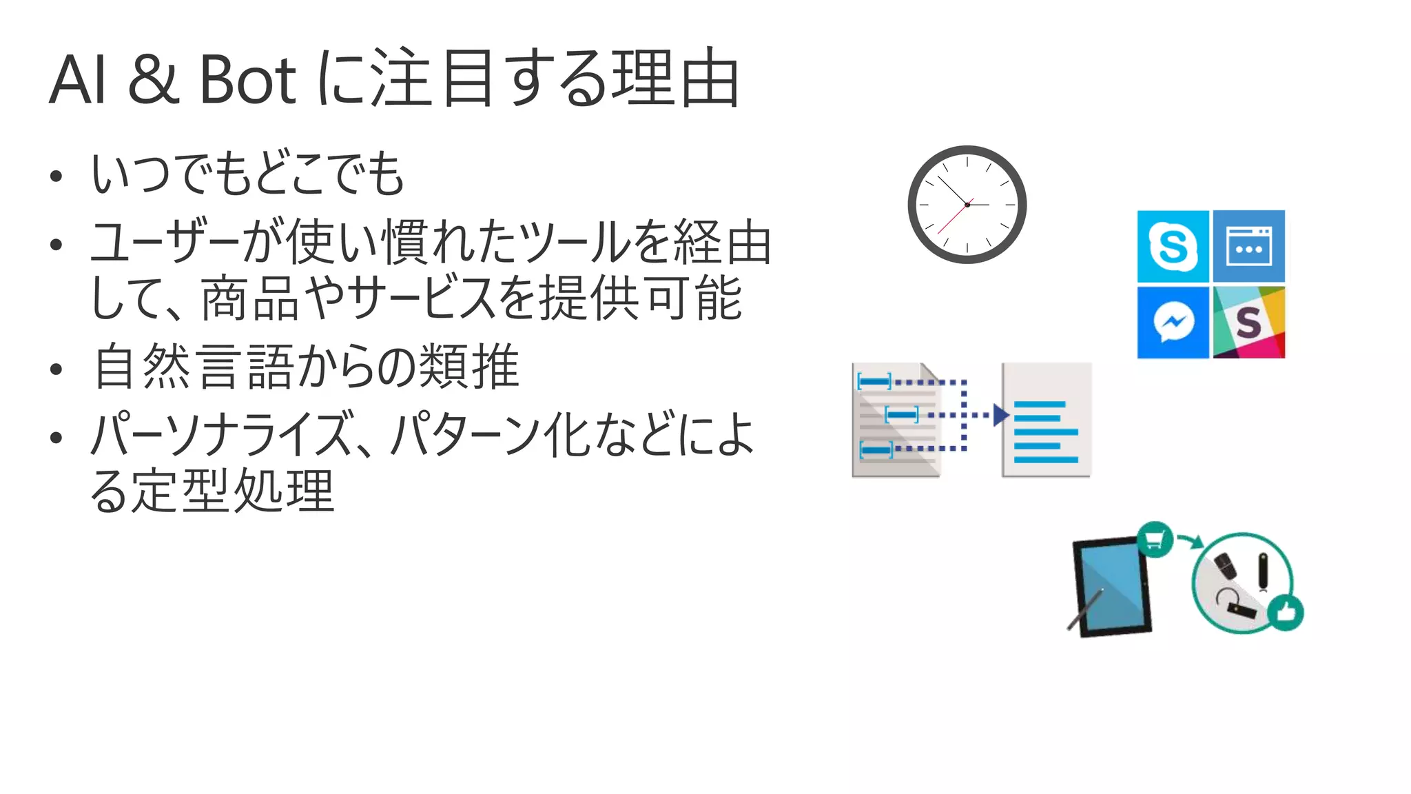 • いつでもどこでも
• ユーザーが使い慣れたツールを経由
して、商品やサービスを提供可能
• 自然言語からの類推
• パーソナライズ、パターン化などによ
る定型処理
 