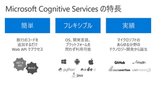 簡単 フレキシブル 実績
数行のコードを
追加するだけ
Web API でアクセス
OS、開発言語、
プラットフォームを
問わず利用可能
マイクロソフトの
あらゆる分野の
テクノロジー開発から誕生
GET A
KEY
 