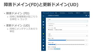 • 障害ドメイン (FD)
 同時に物理障害が起こりう
る単位 ≒ ラック
• 更新ドメイン (UD)
 同時にメンテナンスを行う
単位
 
