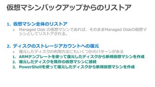 1. 仮想マシン全体のリストア
 Managed Disk の仮想マシンであれば、そのままManaged Diskの仮想マ
シンとしてリストアされる。
2. ディスクのストレージアカウントへの復元
 復元したディスクの利用方法にもいくつかのパターンがある
1. ARMテンプレートを使って復元したディスクから新規仮想マシンを作成
2. 復元したディスクを既存の仮想マシンに接続
3. PowerShellを使って復元したディスクから新規仮想マシンを作成
 