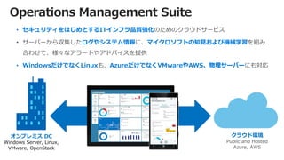 クラウド環境
Operations Management Suite
オンプレミス DC
• セキュリティをはじめとするITインフラ品質強化
ログやシステム情報 マイクロソフトの知見および機械学習
• WindowsだけでなくLinux AzureだけでなくVMwareやAWS、物理サーバー
 
