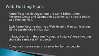  Azure Websites deployed into the same Subscription,
Resource Group and Geographic Location can share a single
Web Hosting Plan.
 Each Azure Website sharing a Web Hosting Plan can leverage
all the capabilities in that plan
 In fact, they sit in the same “compute instance” meaning they
share the same set of resources
 Compute instance means a server for layman people
 
