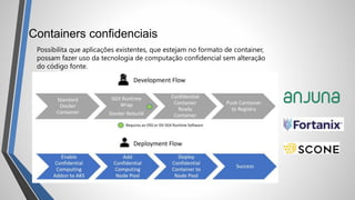 Containers confidenciais
Possibilita que aplicações existentes, que estejam no formato de container,
possam fazer uso da tecnologia de computação confidencial sem alteração
do código fonte.
 