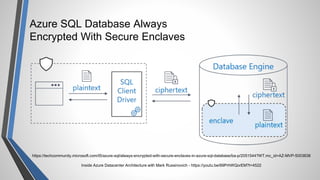 Azure SQL Database Always
Encrypted With Secure Enclaves
https://techcommunity.microsoft.com/t5/azure-sql/always-encrypted-with-secure-enclaves-in-azure-sql-database/ba-p/2051544?WT.mc_id=AZ-MVP-5003638
Inside Azure Datacenter Architecture with Mark Russinovich - https://youtu.be/69PrhWQorEM?t=4522
 