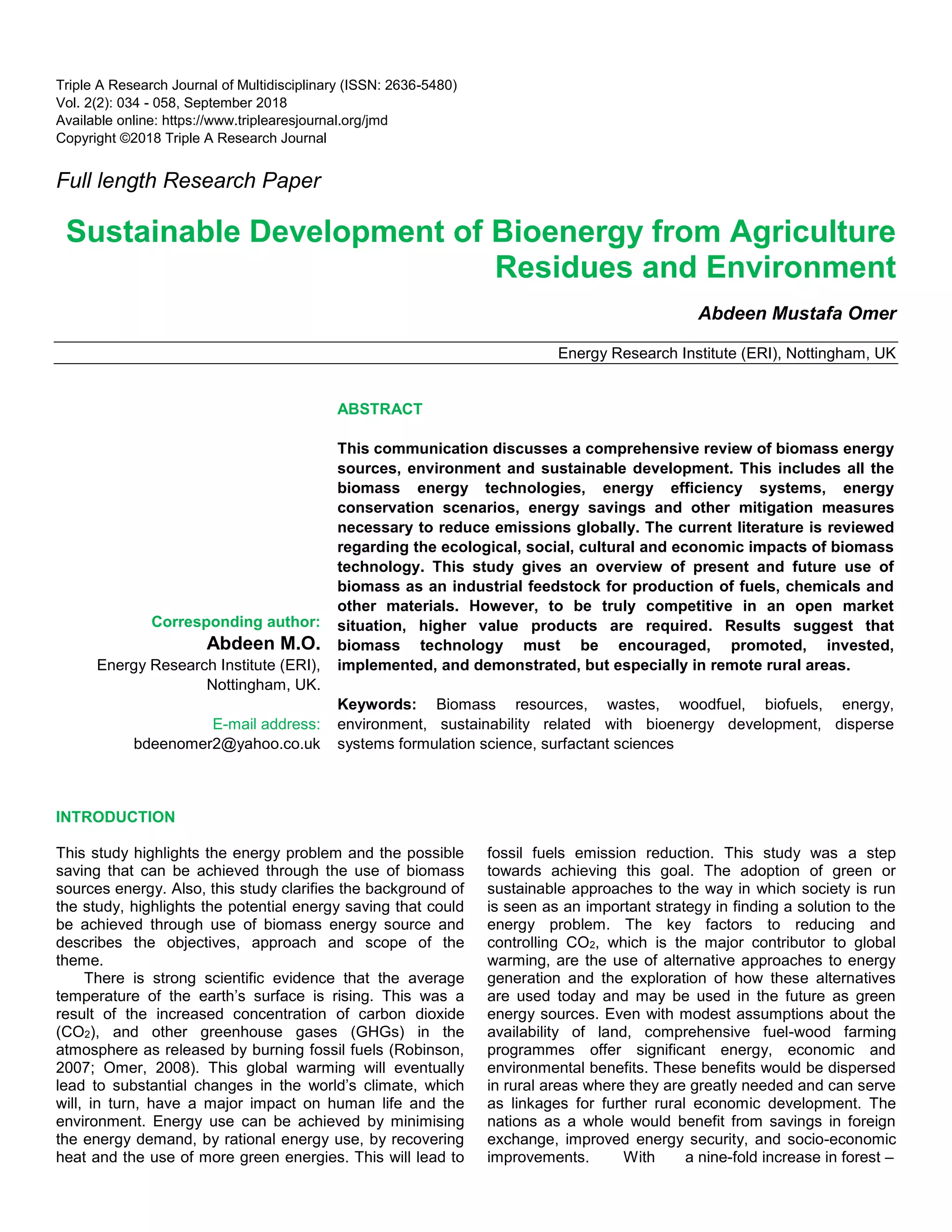 Sustainable Development of Bioenergy from Agriculture Residues and ...