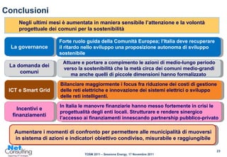 Conclusioni Negli ultimi mesi è aumentata in maniera sensibile l’attenzione e la volontà progettuale dei comuni per la sostenibilità La domanda dei comuni Attuare e portare a compimento le azioni di medio-lungo periodo verso la sostenibilità che la metà circa dei comuni medio-grandi ma anche quelli di piccole dimensioni hanno formalizzato  Aumentare i momenti di confronto per permettere alle municipalità di muoversi in sistema di azioni e indicatori obiettivo condiviso, misurabile e raggiungibile Incentivi e finanziamenti In Italia le manovre finanziarie hanno messo fortemente in crisi le  progettualità degli enti locali. Strutturare e rendere sinergico l’accesso ai finanziamenti innescando partnership pubblico-privato La governance Forte ruolo guida della Comunità Europea; l’Italia deve recuperare il ritardo nello sviluppo una proposizione autonoma di sviluppo sostenibile ICT e Smart Grid Bilanciare maggiormente i focus fra riduzione dei costi di gestione delle reti elettriche e innovazione dei sistemi elettrici o sviluppo delle reti intelligenti. 