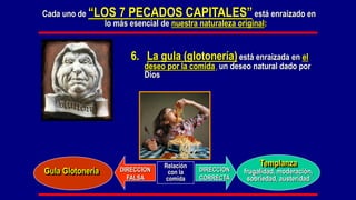 Cada uno de “LOS 7 PECADOS CAPITALES” está enraizado en
              lo más esencial de nuestra naturaleza original:


                     6. La gula (glotonería) está enraizada en el
                         deseo por la comida, un deseo natural dado por
                         Dios




                              Relación                    Templanza
Gula Glotonería   DIRECCION    con la    DIRECCION   frugalidad, moderación,
                    FALSA     comida     CORRECTA     sobriedad, austeridad
 