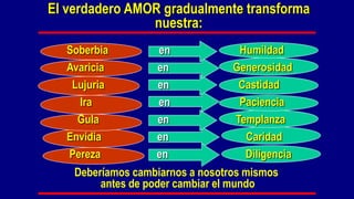 El verdadero AMOR gradualmente transforma
                nuestra:
  Soberbia         en              Humildad
  Avaricia         en             Generosidad
   Lujuria         en              Castidad
    Ira            en              Paciencia
    Gula           en             Templanza
  Envidia          en               Caridad
  Pereza           en               Diligencia
    Deberíamos cambiarnos a nosotros mismos
         antes de poder cambiar el mundo
 