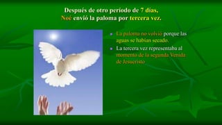 Después de otro período de 7 días,
Noé envió la paloma por tercera vez.

                    La paloma no volvió porque las
                     aguas se habían secado.
                    La tercera vez representaba al
                     momento de la segunda Venida
                     de Jesucristo
 