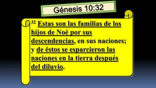 32Estas son las familias de los
hijos de Noé por sus
descendencias, en sus naciones;
y de éstos se esparcieron las
naciones en la tierra después
del diluvio.
 