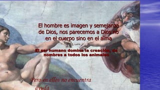 El hombre es imagen y semejanza
   de Dios, nos parecemos a Dios no
      en el cuerpo sino en el alma

  El ser humano domina la creación, da
      nombres a todos los animales




Pero en ellos no encuentra
 ayuda
 
