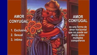 AMOR           AMOR
CONYUGAL       CONYUGAL
               es una forma de
1. Exclusivo    amor horizontal
               que no puede ser
2. Sexual        divido entre
                   múltiples
3. íntimo        compañeros
 