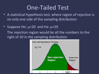 One-Tailed Test
• A statistical hypothesis test, where region of rejection is
on only one side of the sampling distribution
• Suppose Ho: μ=20 and Ha: μ>20
The rejection region would be all the numbers to the
right of 20 in the sampling distribution
 