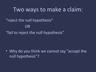 Two ways to make a claim:
“reject the null hypothesis”
OR
“fail to reject the null hypothesis”
• Why do you think we cannot say “accept the
null hypothesis”?
 
