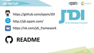 32
JDI SETUP
README
http://jdi.epam.com/
https://github.com/epam/JDI
https://vk.com/jdi_framework
 