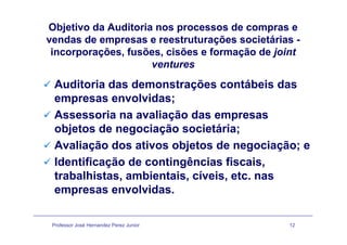 Objetivo da Auditoria nos processos de compras e
vendas de empresas e reestruturações societáriasvendas de empresas e reestruturações societárias -
incorporações, fusões, cisões e formação de joint
venturesventures
Auditoria das demonstrações contábeis das
l idempresas envolvidas;
Assessoria na avaliação das empresas
objetos de negociação societária;
Avaliação dos ativos objetos de negociação; eç j g ç ;
Identificação de contingências fiscais,
trabalhistas, ambientais, cíveis, etc. nastrabalhistas, ambientais, cíveis, etc. nas
empresas envolvidas.
Professor José Hernandez Perez Junior 12
 