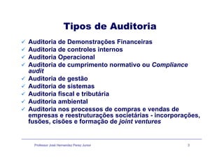 Tipos de AuditoriaTipos de Auditoria
Auditoria de Demonstrações FinanceirasAuditoria de Demonstrações Financeiras
Auditoria de controles internos
Auditoria Operacional
Auditoria de cumprimento normativo ou Compliance
audit
Auditoria de gestãoAuditoria de gestão
Auditoria de sistemas
Auditoria fiscal e tributária
Auditoria ambiental
Auditoria nos processos de compras e vendas de
empresas e reestruturações societárias incorporaçõesempresas e reestruturações societárias - incorporações,
fusões, cisões e formação de joint ventures
Professor José Hernandez Perez Junior 3
 