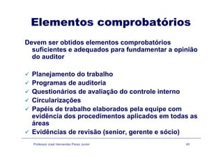 Elementos comprobatóriosElementos comprobatórios
Devem ser obtidos elementos comprobatóriosDevem ser obtidos elementos comprobatórios
suficientes e adequados para fundamentar a opinião
do auditor
Planejamento do trabalho
Programas de auditoria
Questionários de avaliação do controle interno
Circularizações
Papéis de trabalho elaborados pela equipe com
idê i d di t li d t devidência dos procedimentos aplicados em todas as
áreas
Evidências de revisão (senior gerente e sócio)
Professor José Hernandez Perez Junior 40
Evidências de revisão (senior, gerente e sócio)
 