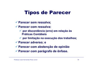 Tipos de Parecer
Parecer sem ressalva;
Parecer com ressalva:
por discordância (erro) em relação às
Práticas Contábeis
por limitação na execução dos trabalhos;
Parecer adverso; e
Parecer com abstenção de opiniãoParecer com abstenção de opinião
Parecer com parágrafo de ênfase.
Professor José Hernandez Perez Junior 44
 