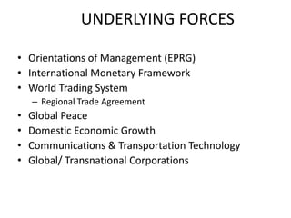 UNDERLYING FORCES
• Orientations of Management (EPRG)
• International Monetary Framework
• World Trading System
– Regional Trade Agreement
• Global Peace
• Domestic Economic Growth
• Communications & Transportation Technology
• Global/ Transnational Corporations
 