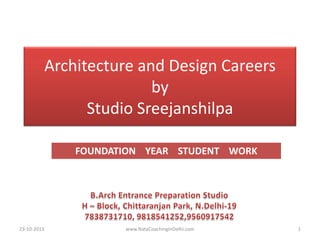 Architecture and Design Careers
by
Studio Sreejanshilpa
FOUNDATION YEAR STUDENT WORK

23-10-2013

www.NataCoachingInDelhi.com

1

 