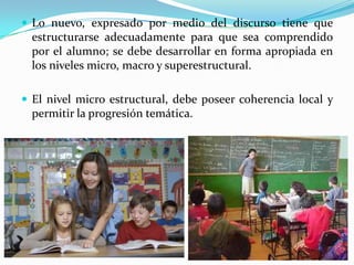  Lo nuevo, expresado por medio del discurso tiene que

estructurarse adecuadamente para que sea comprendido
por el alumno; se debe desarrollar en forma apropiada en
los niveles micro, macro y superestructural.
 El nivel micro estructural, debe poseer coherencia local y

permitir la progresión temática.

 
