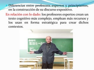  Diferencias entre profesores expertos y principiantes,

en la construcción de su discurso expositivo.
En relación con lo dado: los profesores expertos crean un
texto cognitivo más complejo, emplean más recursos y
los usan en forma estratégica para crear dichos
contextos.

 