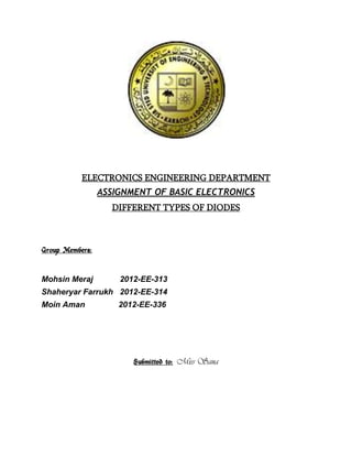 ELECTRONICS ENGINEERING DEPARTMENT
ASSIGNMENT OF BASIC ELECTRONICS
DIFFERENT TYPES OF DIODES

Group Members:

Mohsin Meraj

2012-EE-313

Shaheryar Farrukh 2012-EE-314
Moin Aman

2012-EE-336

Submitted to: Miss Sana

 