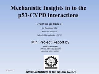 Mechanistic Insights in to the
p53-CYPD interactions
Under the guidance of
Dr. Rajanikant G.K.
Associate Professor
School of Biotechnology, NITC

Mini Project Report by
YANAMALA VIJAY RAJ
MATHEW ALEXANDER CHERIAN
CHRISTINE JAMES MOHAN

3/25/2013

NATIONAL INSTITUTE OF TECHNOLOGY, CALICUT.

 