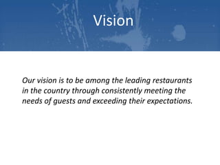 Vision

Our vision is to be among the leading restaurants
in the country through consistently meeting the
needs of guests and exceeding their expectations.

 
