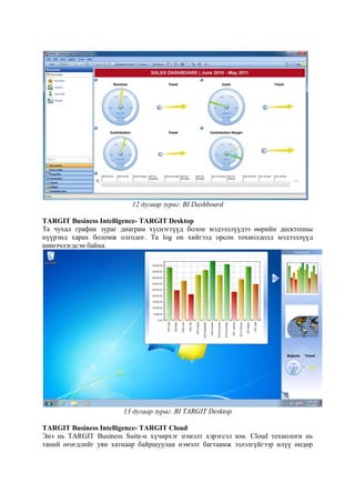 12 дугаар зураг. BI Dashboard
TARGIT Business Intelligence- TARGIT Desktop
Та чухал график зураг диаграм хүснэгтүүд болон мэдээллүүдээ өөрийн десктопны
нүүрэнд харах боломж олгодог. Та log on хийгээд орсон тохиолдолд мэдээллүүд
шинэчлэгдсэн байна.

13 дугаар зураг. BI TARGIT Desktop
TARGIT Business Intelligence- TARGIT Cloud
Энэ нь TARGIT Business Suite-н хүчирхэг нэмэлт хэрэгсэл юм. Cloud технологи нь
таний өгөгдлийг уян хатнаар байршуулан нэмэлт багтаамж эзлэлгүйгээр илүү өндөр

 