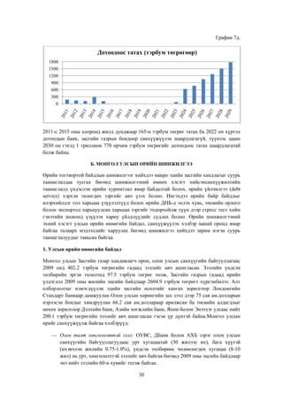 График 7д.

Дотоодоос татах (тэрбум төгрөгөөр)
1800
1500
1200
900
600
300
0

2011-с 2015 оны хооронд жилд дунджаар 165-н тэрбум төгрөг татах ба 2022 он хүртэл
дотоодын банк, засгийн газрын бондоор санхүүжүүлэх шаардлагагүй, түүнээс цааш
2030 он гэхэд 1 триллион 770 орчим тэрбум төгрөгийг дотоодоос татах шаардлагатай
болж байна.
Б. МОНГОЛ УЛСЫН ӨРИЙН ШИНЖИЛГЭЭ

Өрийн тогтвортой байдлын шинжилгээг хийхдээ макро эдийн засгийн хандлагыг суурь
таамаглалдаа тусгах бөгөөд шинжилгээний өмнөх хэсэгт хийсэнсанхүүжилтийн
таамаглалд үндэслэн өрийн хуримтлал ямар байдалтай болох, өрийн үйлчилгээ (debt
service) хэрхэн төлөгдөх зэргийг авч үзэх болно. Ингэхдээ өрийн байр байдлыг
илэрхийлдэг гол харьцаа үзүүлэлтүүд болох өрийн ДНБ-д эхлэх хувь, төсвийн орлого
болон экспортод харьцуулсан харьцаа зэргийг тодорхойлж түүн дээр стресс тест хийн
гэнэтийн шоконд үзүүлэх хариу үйлдлүүдийг судлах болно. Өрийн шинжилгээний
эхний хэсэгт улсын өрийн өнөөгийн байдал, санхүүжүүлэх хэлбэр манай оронд ямар
байгаа талаарх мэдээллийг харуулах бөгөөд шинжилгээ хийхдээ зарим нэгэн суурь
таамаглалуудыг тавьсан байгаа.
1. Улсын өрийн өнөөгийн байдал
Монгол улсын Засгийн газар хандивлагч орон, олон улсын санхүүгийн байгууллагаас
2009 онд 402.2 тэрбум төгрөгийн гадаад зээлийг авч ашигласан. Зээлийн үндсэн
төлбөрийн эргэн төлөлтөд 97.5 тэрбум төгрөг төлж, Засгийн газрын гадаад өрийн
үлдэгдэл 2009 оны жилийн эцсийн байдлаар 2604.9 тэрбум төгрөгт хүрсэнбилээ. Алт
олборлолтыг нэмэгдүүлэн эдийн засгийн өсөлтийг хангах зорилгоор Лондонгийн
Стандарт банкаар дамжуулан Олон улсын хөрөнгийн зах зээл дээр 75 сая ам.долларын
нэрлэсэн бондыг хямдруулан 66.2 сая ам.доллараар арилжсан ба төсвийн алдагдлыг
нөхөх зорилгоор Дэлхийн банк, Азийн хөгжлийн банк, Япон болон Энэтхэг улсаас нийт
200.1 тэрбум төгрөгийн зээлийг авч ашигласан гэсэн үр дүнтэй байна.Монгол улсын
өрийг санхүүжүүлж байгаа хэлбэрүүд:
Олон талт хөнгөлөлттэй зээл: ОУВС, ДБанк болон АХБ зэрэг олон улсын
санхүүгийн байгууллагуудаас урт хугацаатай (30 жилээс их), бага хүүтэй
(ихэвчлэн жилийн 0.75-1.0%), үндсэн төлбөрөөс чөлөөлөгдөх хугацаа (8-10
жил) нь урт, хөнгөлөлттэй зээлийг авч байгаа бөгөөд 2009 оны эцсийн байдлаар
энэ нийт зээлийн 60-н хувийг эзлэж байгаа.
30

 