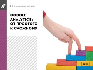 Веб-аналитика для рекламы

Google
Analytics:
от простого
к сложному

16/61

 