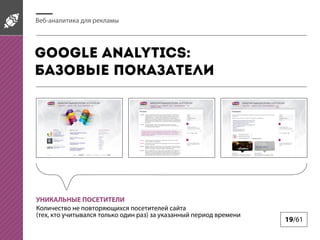 Веб-аналитика для рекламы

Google Analytics:
базовые показатели

УНИКАЛЬНЫЕ ПОСЕТИТЕЛИ
Количество не повторяющихся посетителей сайта
(тех, кто учитывался только один раз) за указанный период времени

19/61

 