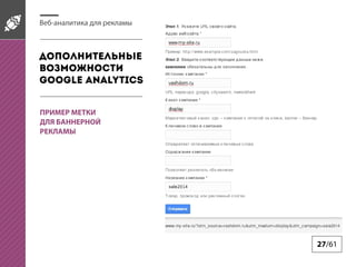 Веб-аналитика для рекламы

Дополнительные
возможности
Google Analytics
ПРИМЕР МЕТКИ
ДЛЯ БАННЕРНОЙ
РЕКЛАМЫ

27/61

 