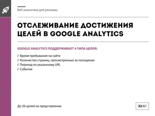Веб-аналитика для рекламы

Отслеживание достижения
целей в Google Analytics
GOOGLE ANALYTICS ПОДДЕРЖИВАЕТ 4 ТИПА ЦЕЛЕЙ:
/
/
/
/

Время пребывания на сайте
Количество страниц, просмотренных за посещение
Переход по указанному URL
Событие

До 20 целей на представление

32/61

 