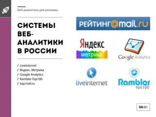 Веб-аналитика для рекламы

Системы
вебаналитики
в России
/
/
/
/
/

Liveinternet
Яндекс. Метрика
Google Analytics
Rambler Top100
top.mail.ru

04/61

 