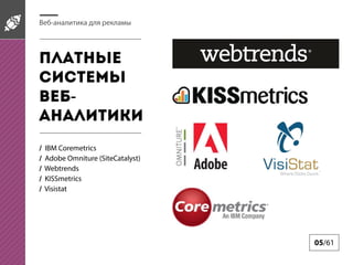 Веб-аналитика для рекламы

Платные
системы
вебаналитики
/
/
/
/
/

IBM Coremetrics
Adobe Omniture (SiteCatalyst)
Webtrends
KISSmetrics
Visistat

05/61

 