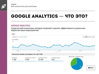 Веб-аналитика для рекламы

Google Analytics — что это?
GOOGLE ANALYTICS
Средство веб-аналитики, которое позволяет оценить эффективность различных
маркетинговых мероприятий.

07/61

 