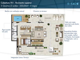 Banho com vetilação natural
Água quente
nas pias
Chuveiro no terraço
Sala com copa
gourmet e pé direito
de 3,00m
Esquadrias frontais
que permitem vista
mais ampla, melhor
ventilação, iluminação
e integração com o
Terraço
Integração Suíte e Terraço
Cobertura 701 - Pavimento superior
5 Quartos (3 suítes) - 320,05m² - 3 vagas
 