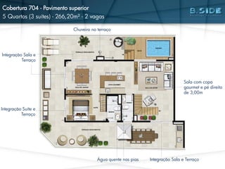 Sala com copa
gourmet e pé direito
de 3,00m
Integração Sala e Terraço
Chuveiro no terraço
Integração Sala e
Terraço
Integração Suíte e
Terraço
Água quente nas pias
Cobertura 704 - Pavimento superior
5 Quartos (3 suítes) - 266,20m² - 2 vagas
 