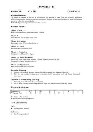 JAPANESE - III
Course Code: BTM 347 Credit Units: 02
Course Objective:
To enable the students to converse in the language with the help of basic verbs and to express themselves
effectively and narrate their everyday short encounters. Students are also given projects on Japan and Japanese
culture to widen their horizon further.
Note: The Japanese script is introduced in this semester.
Course Contents:
Module I: Verbs
Different forms of verbs: present continuos verbs etc
Module II
More Adverbs and adverbial expressions
Module III: Counters
Learning to count different shaped objects,
Module IV: Tenses
Past tense, Past continuous tense.
Module V: Comparison
Comparative and Superlative degree
Module VI: Wishes and desires
Expressing desire to buy, hold, possess. Usage in negative sentences as well.
Comparative degree, Superlative degree.
Module VII: Appointment
Over phone, formal and informal etc.
Learning Outcome
 Students can speak the language and can describe themselves and situations effectively
 They also gain great knowledge in terms of Japanese lifestyle and culture, which help themat the time of
placements.
Methods of Private study /Self help
 Handouts, audio-aids, and self-do assignments.
 Use of library, visiting and watching movies in Japan and culture center every Friday at 6pm.
Examination Scheme:
Components CT1 CT2 C I V A
Weightage (% ) 20 20 20 20 15 5
C – Project + Presentation
I – Interaction/Conversation Practice
Text & References:
Text:
 Teach yourself Japanese
References:
 Shin Nihongo no kiso 1
 