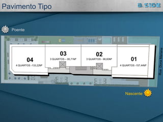 Nascente
Poente
Pavimento Tipo
4 QUARTOS -157,44M²
3 QUARTOS - 98,60M²3 QUARTOS – 95,71M²
4 QUARTOS -133,22M²
 