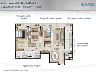 Integração cozinha e sacada
Integração suíte e
sacada
Cuba dupla e
água quente
Água quente nas pias
Integração sala e sacada
Apto. coluna 02 - Opção Padrão
3 Quartos (1 suíte) - 98,60m² - 1 vaga*
*exceto a unidade 602 que possui 2 vagas
 