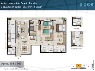 Apto. coluna 03 - Opção Padrão
3 Quartos (1 suíte) - 95,71m² - 1 vaga*
Aptos. 103 a 603
Lavabo
R.DonaMariana
Cozinha Gourmet
*exceto a unidade 603 que possui 2 vagas
 