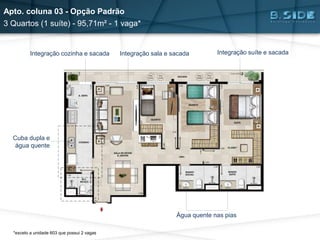 Integração cozinha e sacada Integração suíte e sacada
Cuba dupla e
água quente
Integração sala e sacada
Água quente nas pias
Apto. coluna 03 - Opção Padrão
3 Quartos (1 suíte) - 95,71m² - 1 vaga*
*exceto a unidade 603 que possui 2 vagas
 