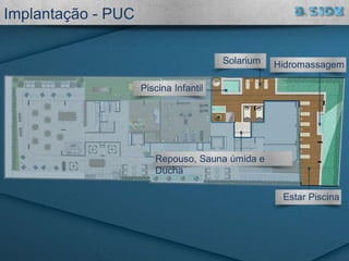 Solarium Hidromassagem
Estar Piscina
Piscina Infantil
Implantação - PUC
Repouso, Sauna úmida e
Ducha
 