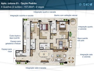 Integração sala e sacada
Integração cozinha e sacada
Integração quarto
e varanda
Banho com vetilação natural
Integração quarto e sacada
Cuba dupla e
água quente
Espaço para
copa
Espaço para
geladeira e freezer
Água quente
nas pias
Apto. coluna 01- Opção Padrão
4 Quartos (2 suítes) - 157,44m² - 2 vagas
Integração sala
e varanda
 